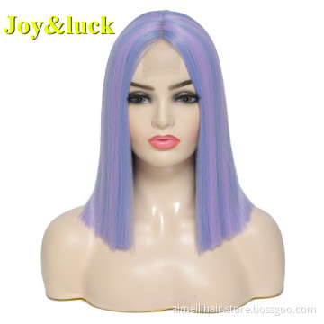 Purple Piano Wig for Women Middle Part Highlight Blonde Shoulder Length Short Bob Natural Straight Lace Front Synthetic WigS